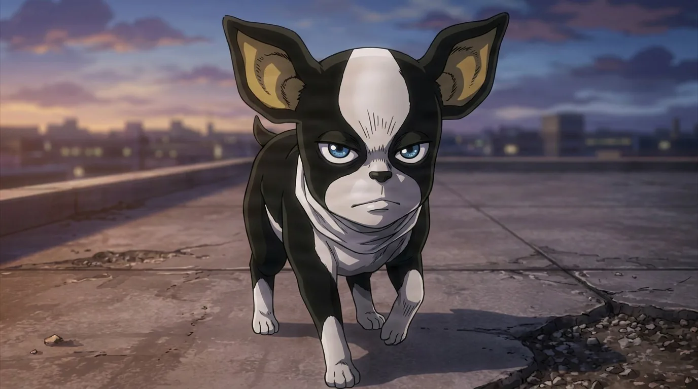 Iggy, a small black and white dog with a scarf, walking across a rooftop at dusk.