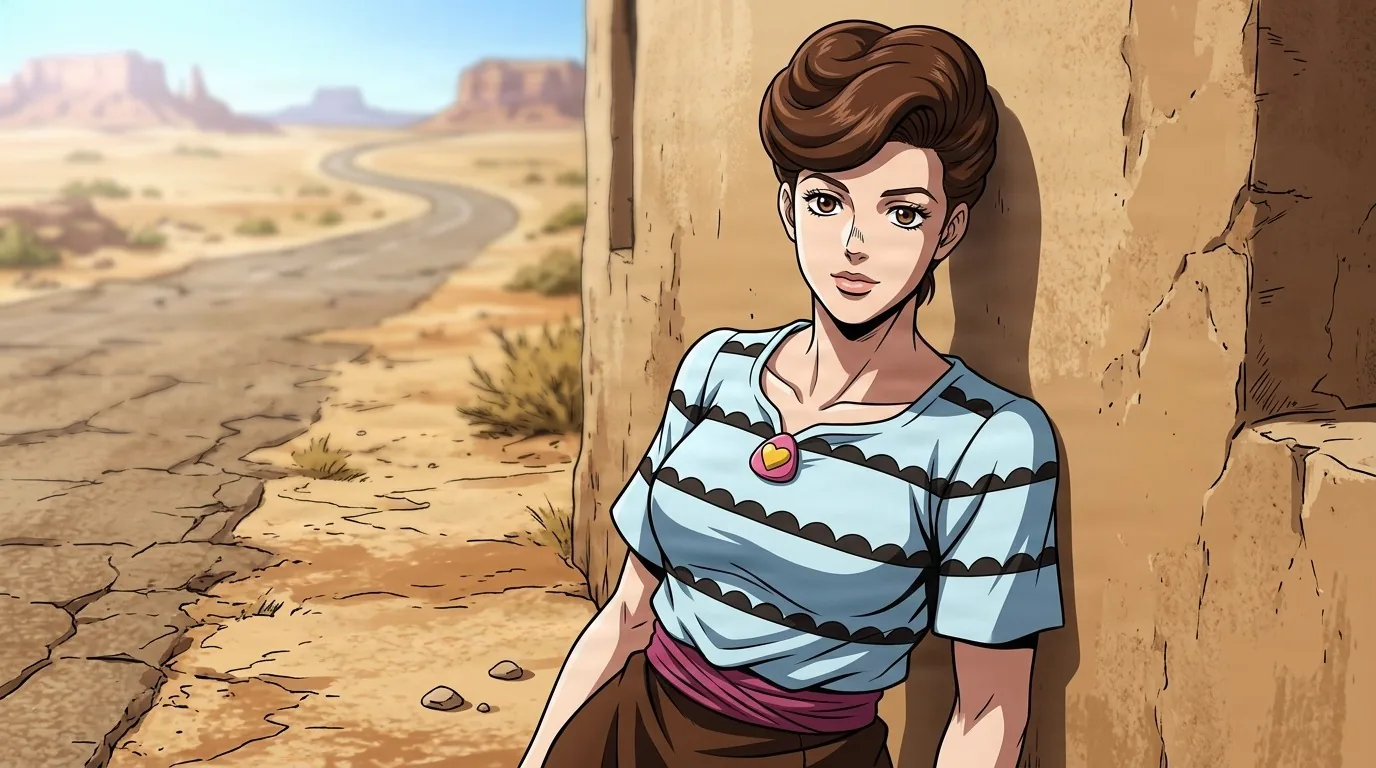 Koichi Hirose's Mother with a brown pompadour and striped tee, leaning against an adobe wall beside a desert road.