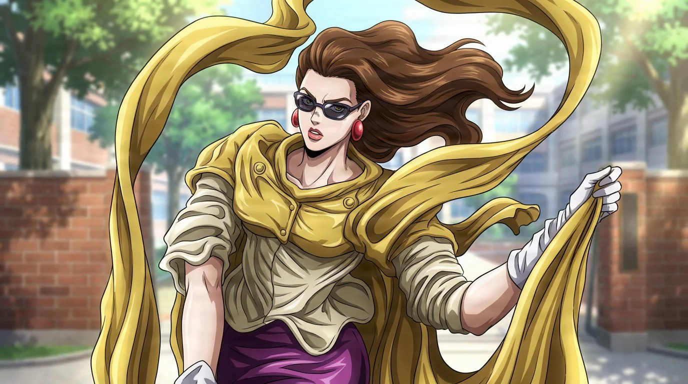 Lisa Lisa strides forward in sunglasses and a yellow coat with a golden scarf flowing in a school courtyard.