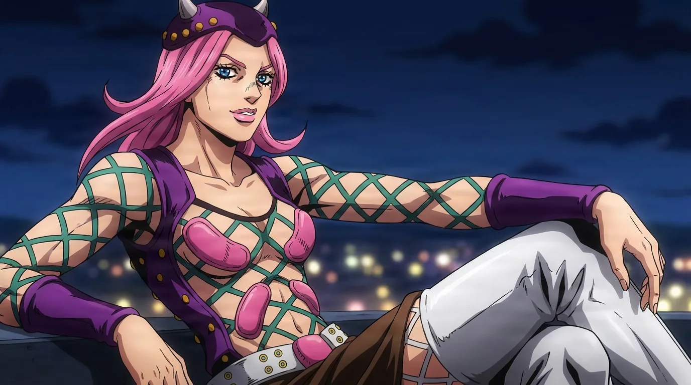 Narciso Anasui reclines in a green lattice bodysuit and horned cap on a rooftop above city lights at night.