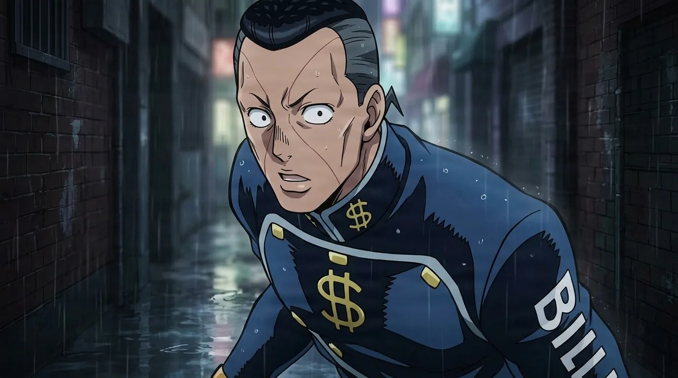 Okuyasu Nijimura with slicked-back hair in a blue dollar-sign uniform, eyes wide as he crouches in a rainy alley.
