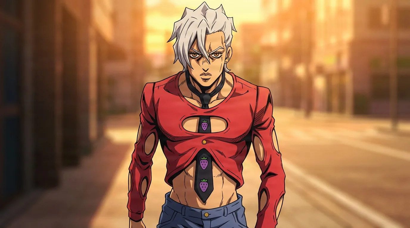 Pannacotta Fugo walks down a sunlit street in a red top with cut-outs and strawberry-print ties and blue jeans.