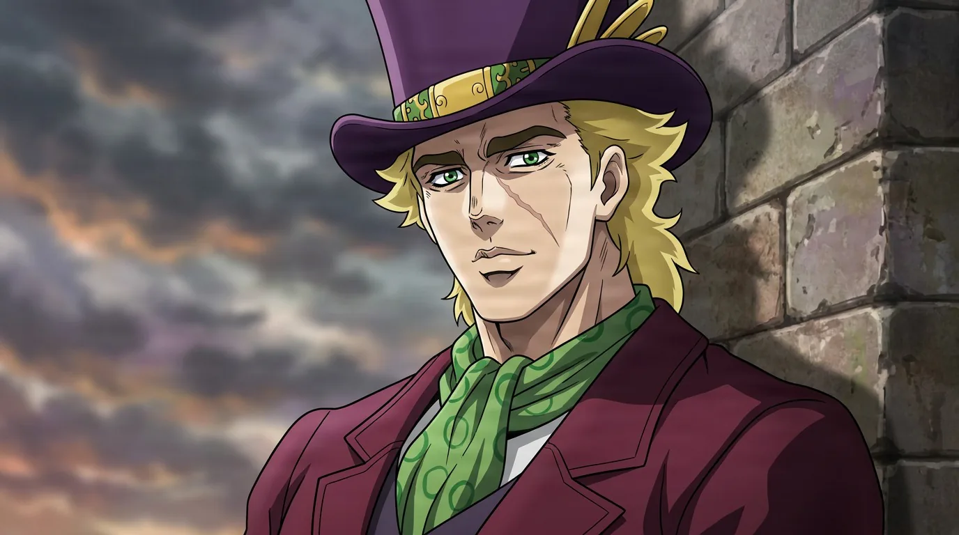 Robert E. O. Speedwagon, a blond man in a purple top hat and red coat, leaning on a brick wall at sunset.