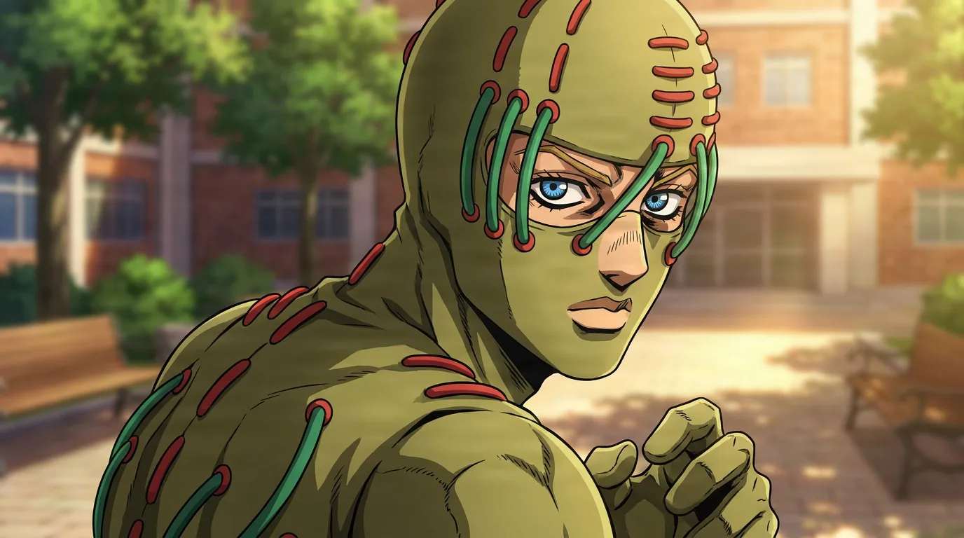 Secco crouches in a full beige bodysuit with red and green stitching in a sunlit school courtyard.
