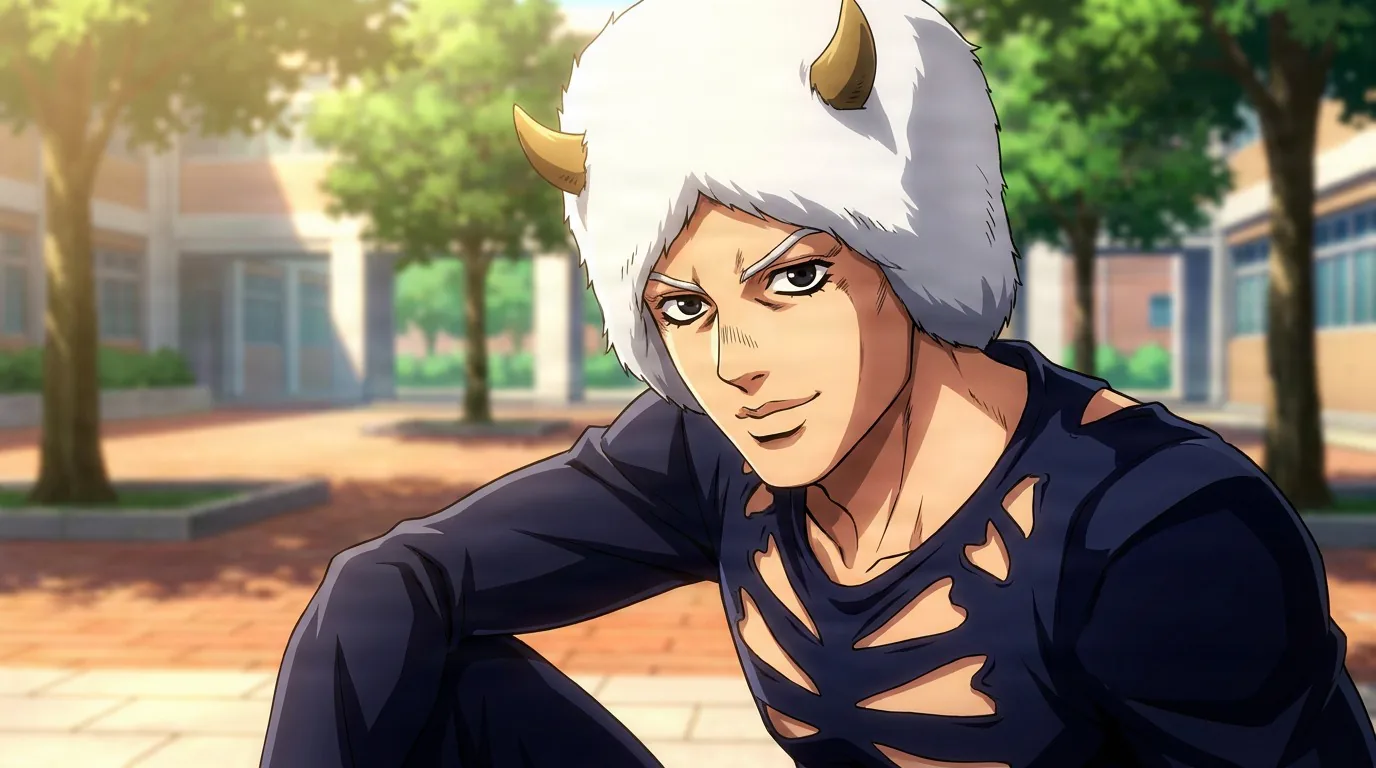 Weather Report crouches in a horned white fur cap and torn dark shirt in a sunlit school courtyard.
