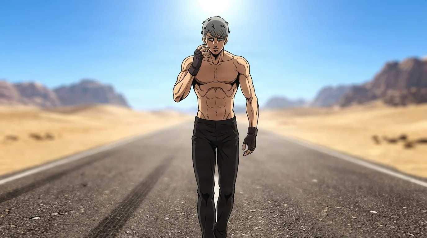Yoma Hashimoto walking down an empty desert highway, shirtless with silver hair and fingerless gloves under a bright blue sky.