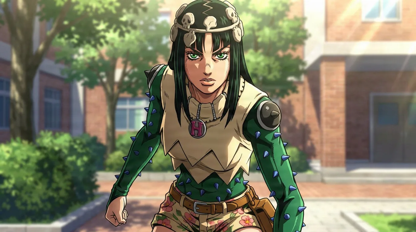 Yotsuyu Yagiyama with green-streaked hair and a skull headband, in spiked sleeves and floral shorts, running through a school courtyard.