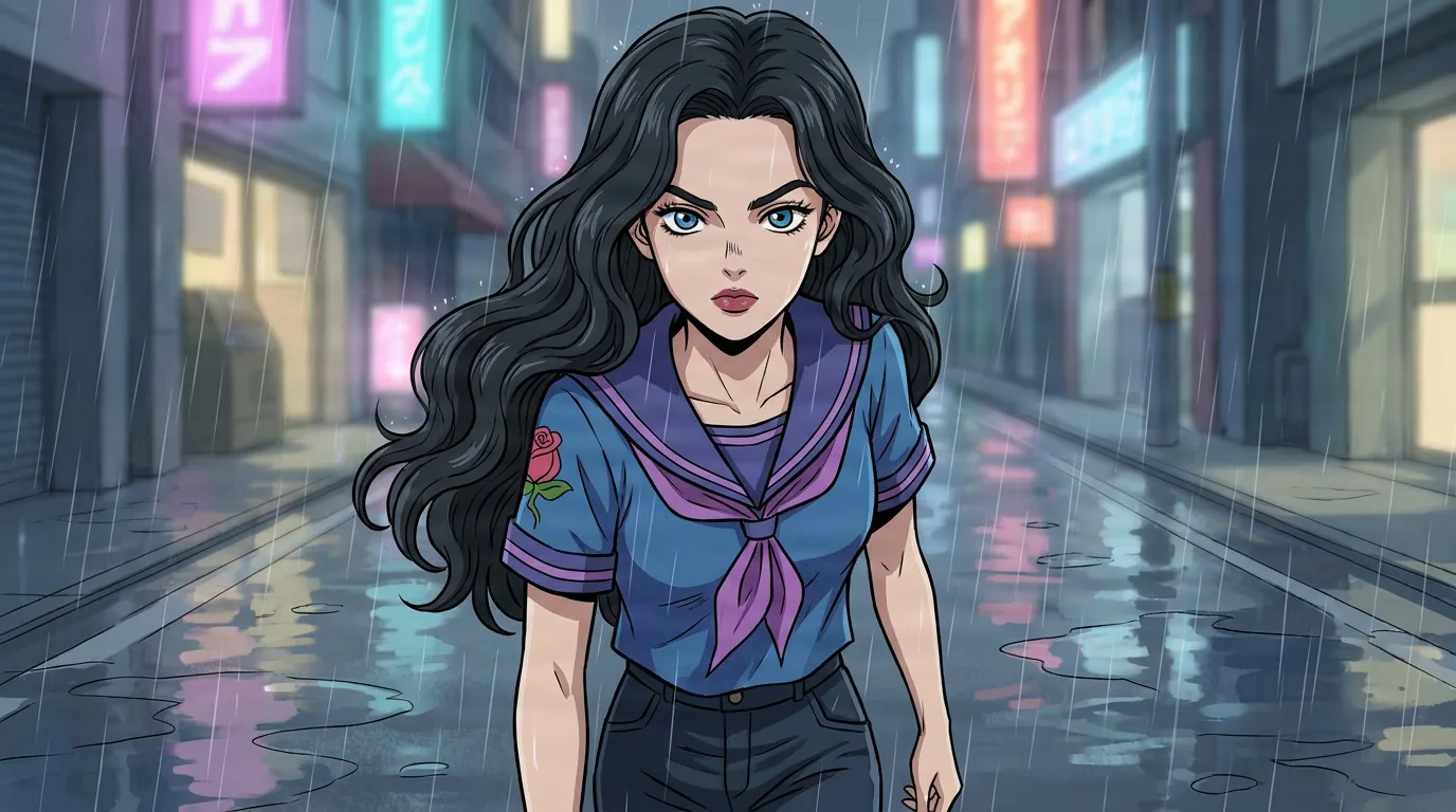 Yukako Yamagishi with long black wavy hair in a blue sailor top, walking down a rainy neon-lit city street.