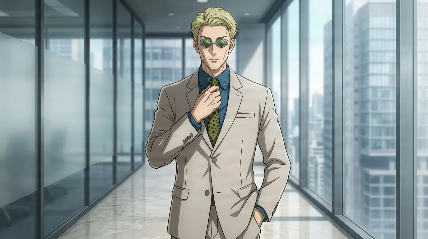 Kento Nanami in a beige suit adjusting his spotted tie with a calm expression in a bright modern office corridor