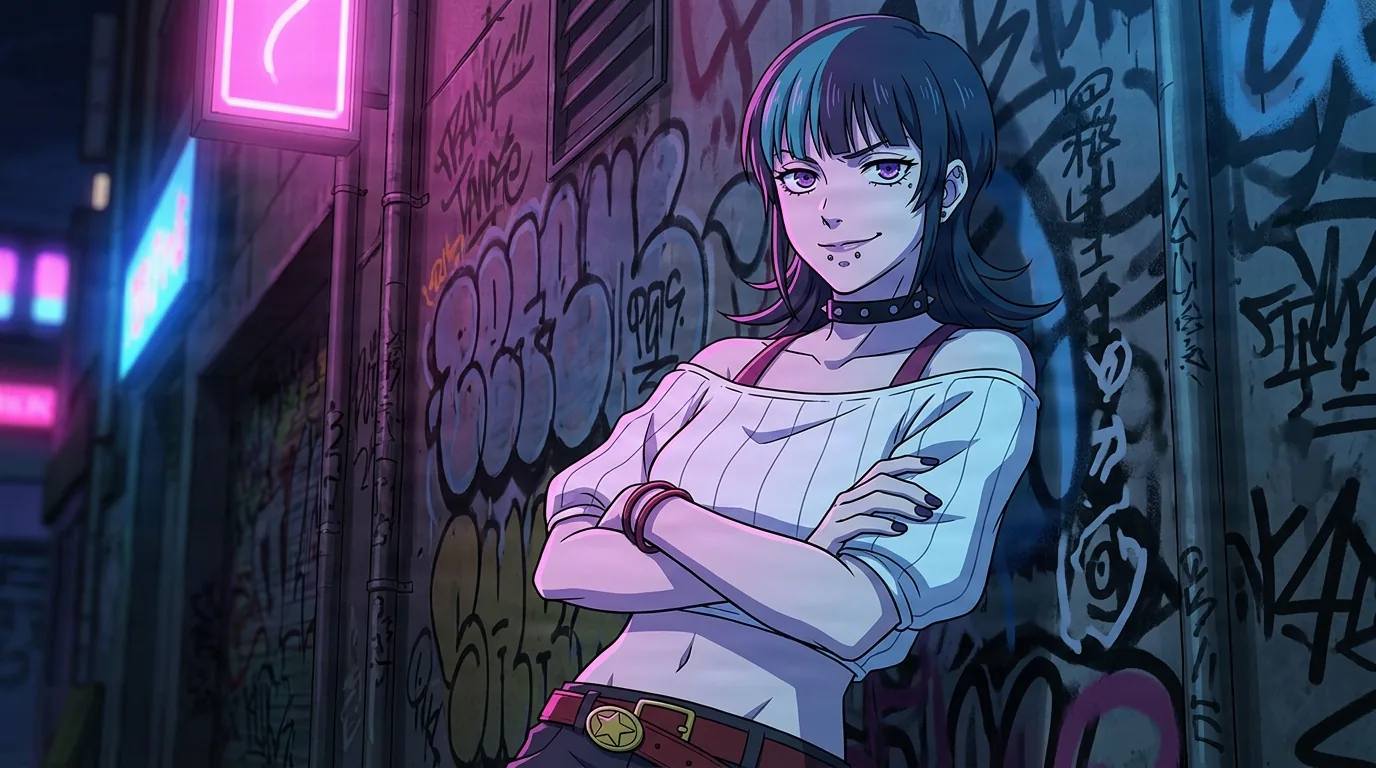 Una giovane donna con una ciocca verde-azzurra tra i capelli scuri e un top bianco che scopre le spalle si appoggia a un muro di graffiti sotto luci al neon rosa e blu di notte
