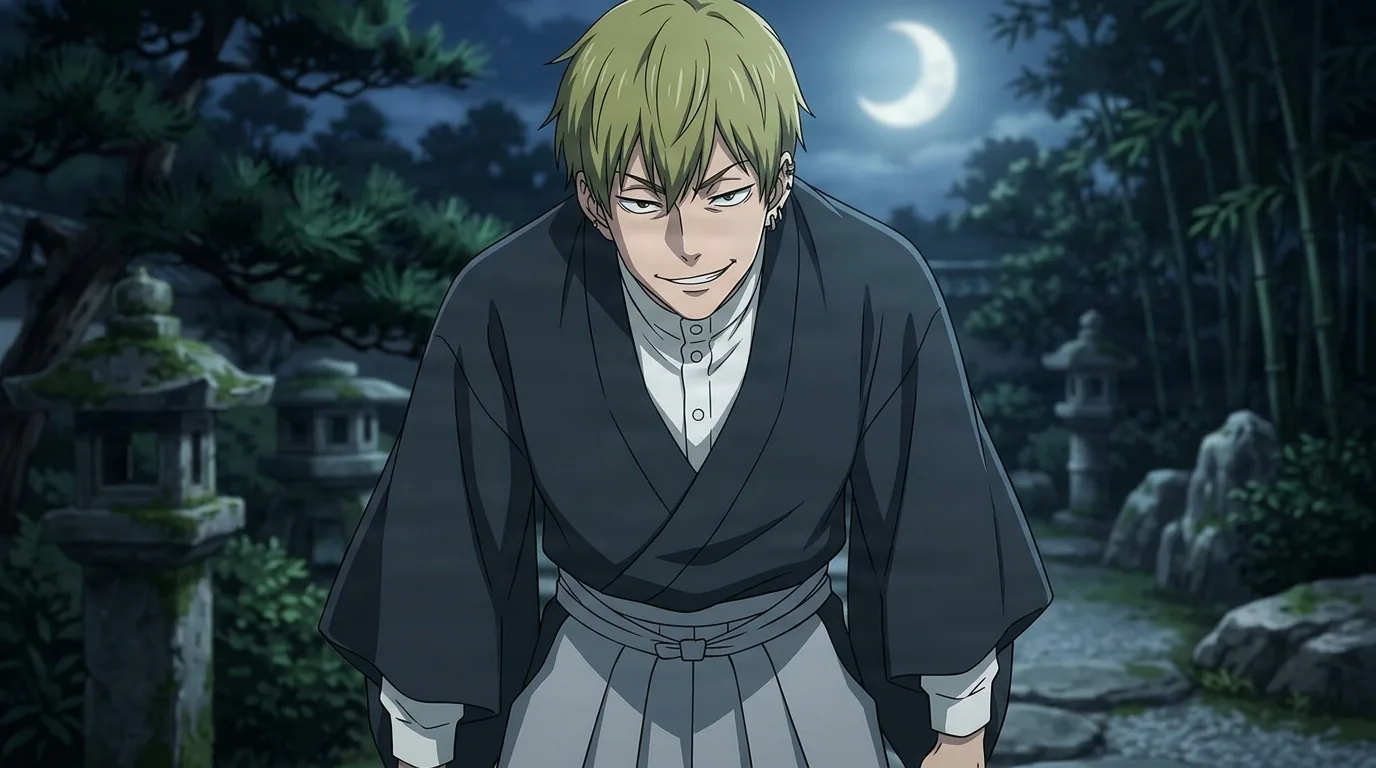 Naoya Zenin leaning forward with a mocking smirk in a moonlit stone garden of pine trees and lanterns, light hair and a dark kimono top over a pale hakama beneath a crescent moon.