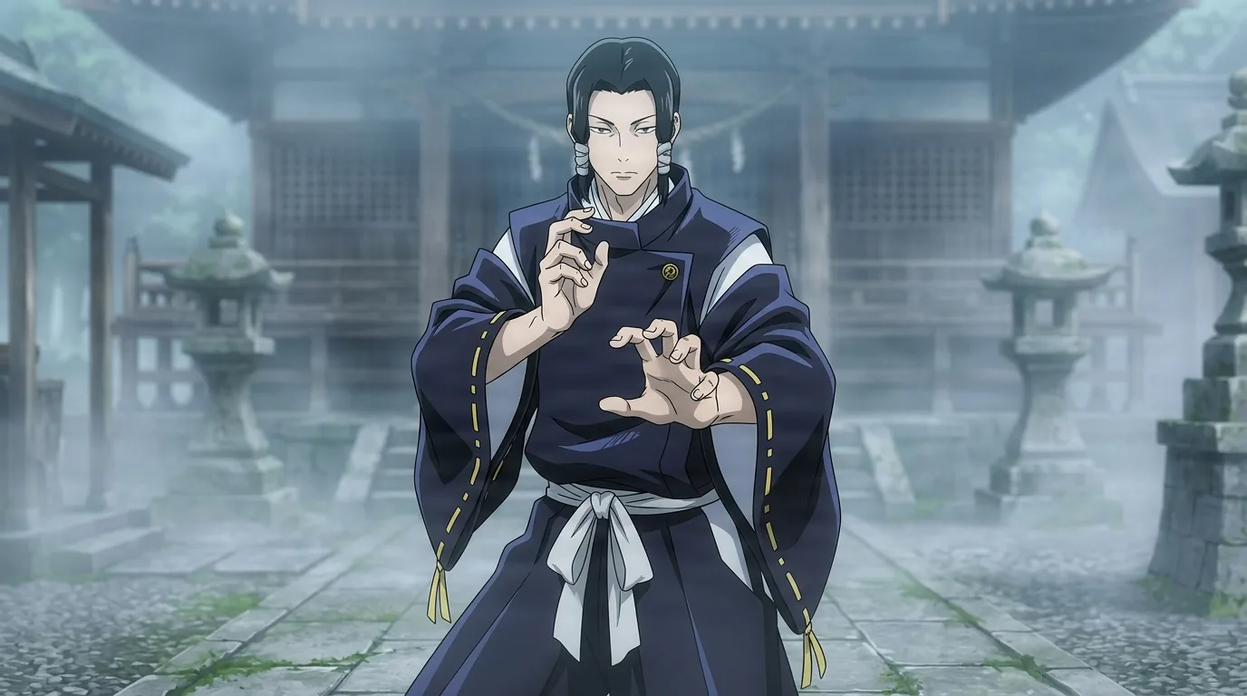 Noritoshi Kamo in a poised martial stance with both hands raised and fingers curled before a misty temple and stone lanterns, dark hair with side clasps and a navy kimono robe.
