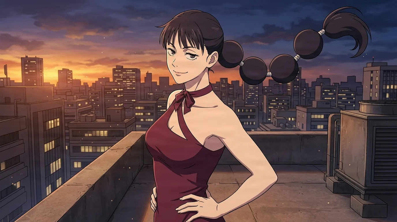 Una donna anime con una coda di cavallo nera ornata di perline in un abito bordeaux con scollo all'americana appoggia una mano sul fianco e sorride con astuzia su un tetto cittadino al tramonto
