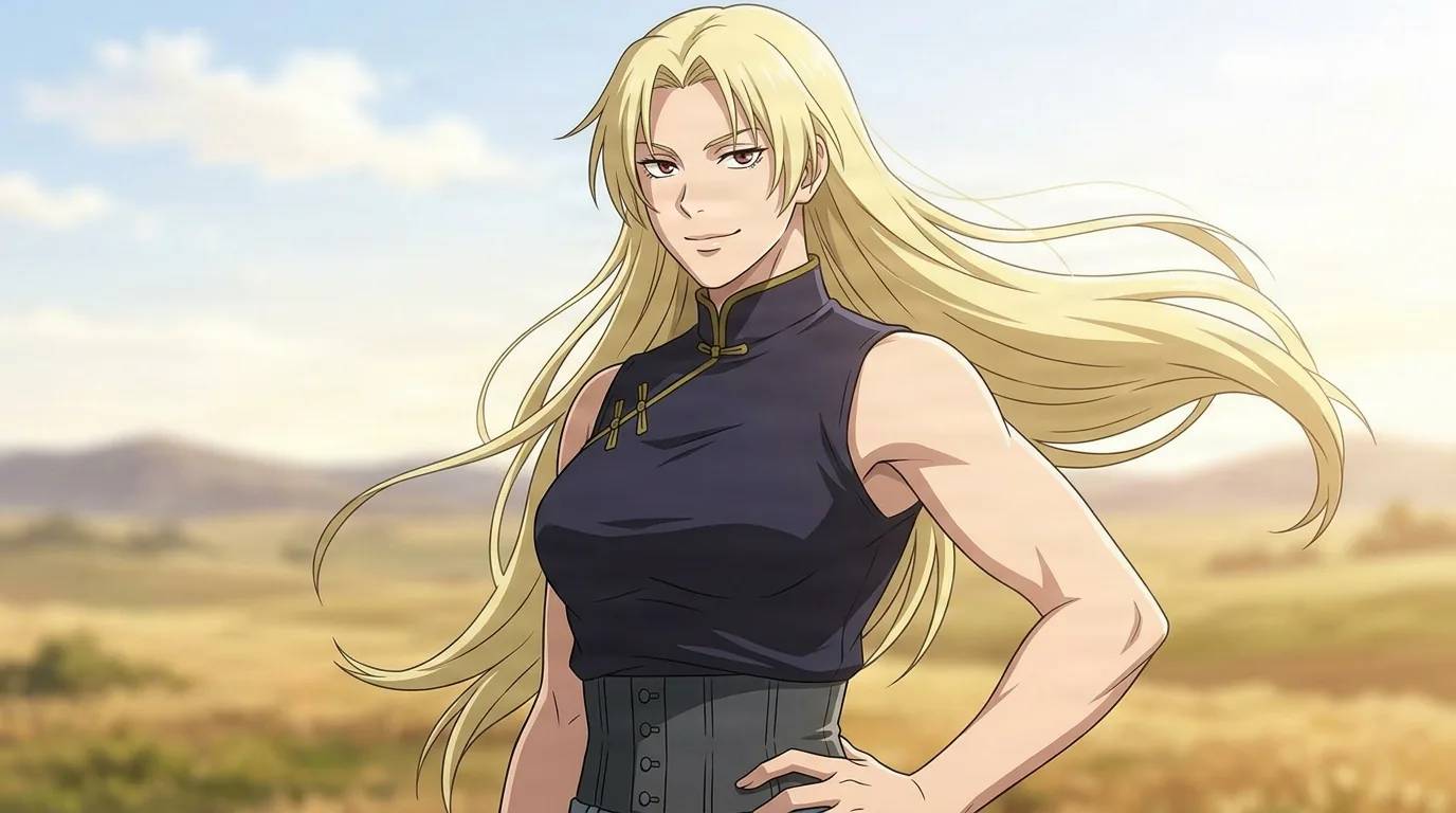 Yuki Tsukumo with long windblown blonde hair in a dark sleeveless top and corset belt rests a hand on her hip, smirking over a sunlit open field