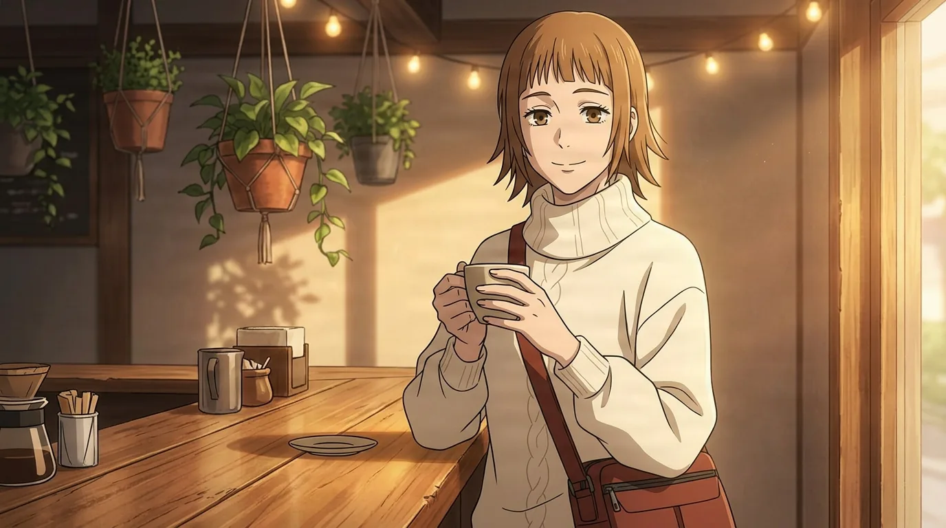 茶色のショートボブの若い女性が、クリーム色のタートルネックのセーターと茶色の肩掛け鞄を身につけ、緑の植物と電飾の吊るされた居心地の良いカフェのカウンターで、温かい飲み物を両手で包んでいる。