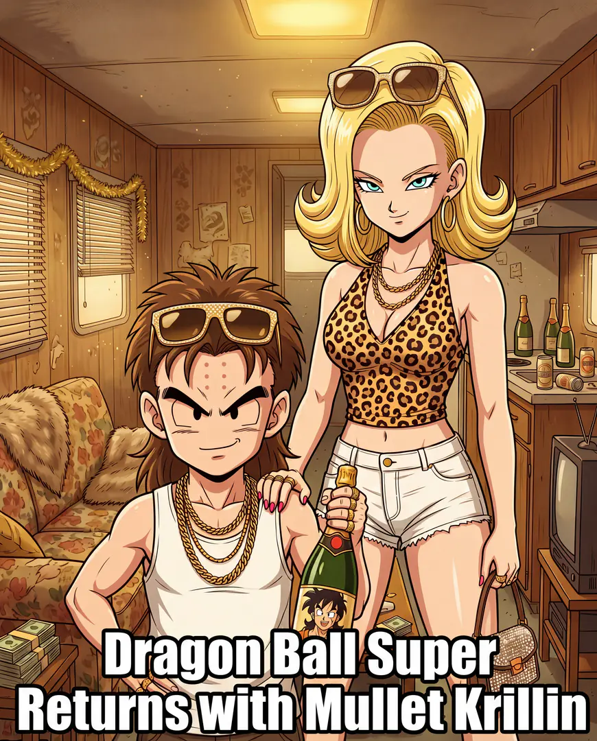 An illustration depicts Dragon Ball's Krillin sporting a brown mullet, gold chains, and a white tank top alongside Android 18 in a leopard-print top holding champagne inside a wood-paneled trailer, overlaid with the text "Dragon Ball Super Returns with Mullet Krillin".