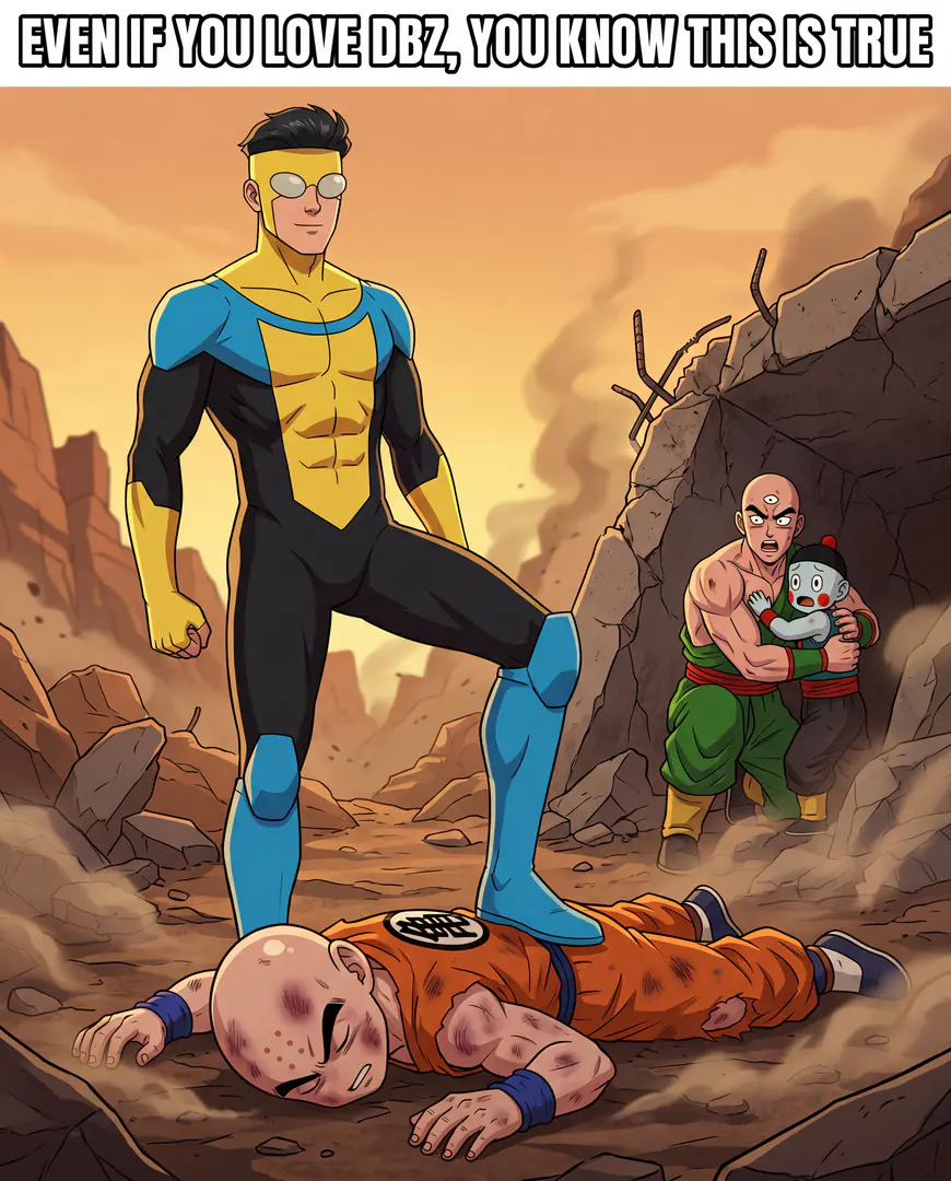 Under the caption "EVEN IF YOU LOVE DBZ, YOU KNOW THIS IS TRUE," the superhero Invincible stands victoriously with his foot on a defeated Krillin from Dragon Ball while Tien and Chiaotzu watch fearfully from behind nearby rubble.