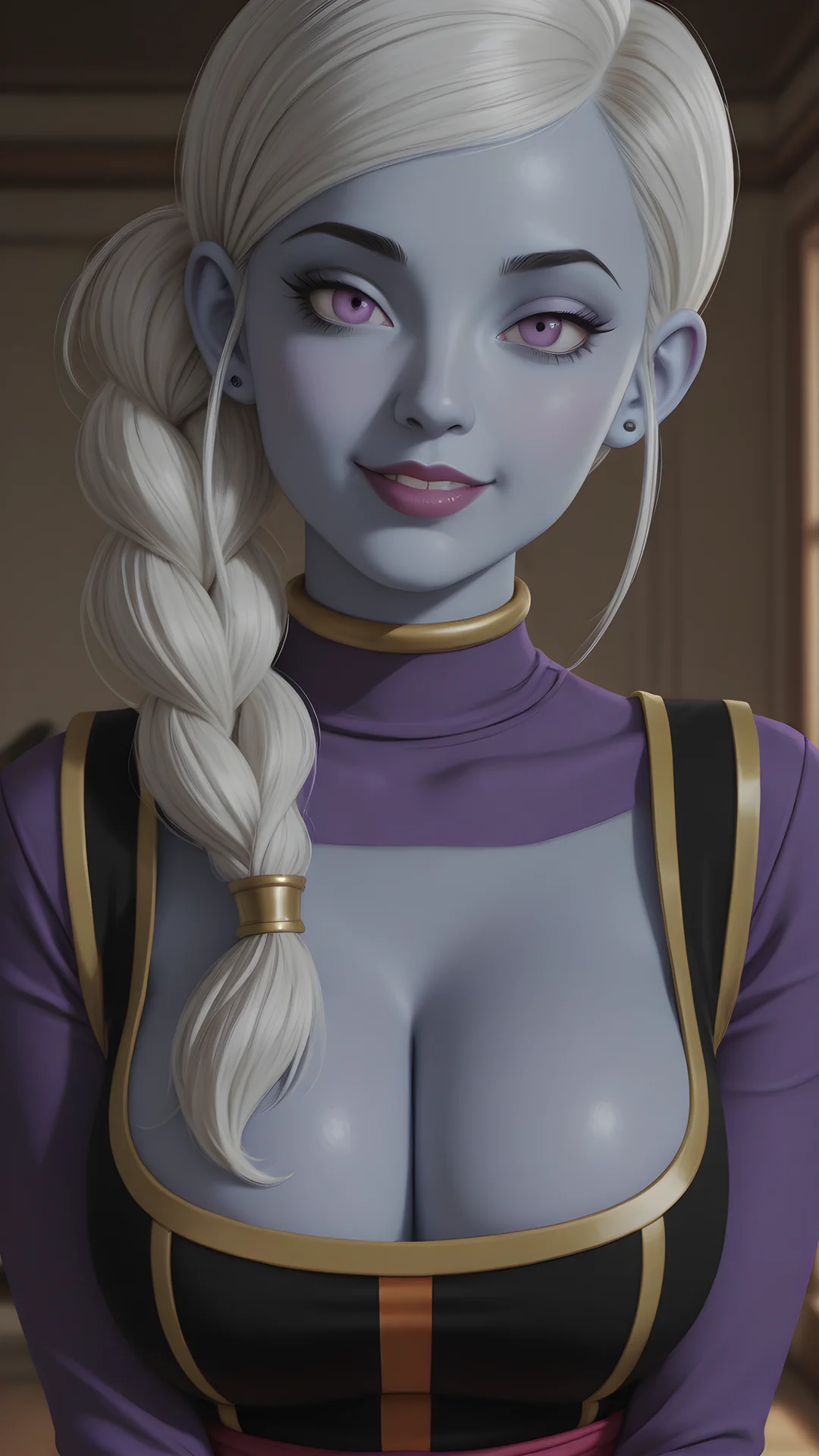 AI Art by Daddy Jim Headquarters: Blue-skinned character with purple eyes, white braided hair, gold-accented outfit, warm smile