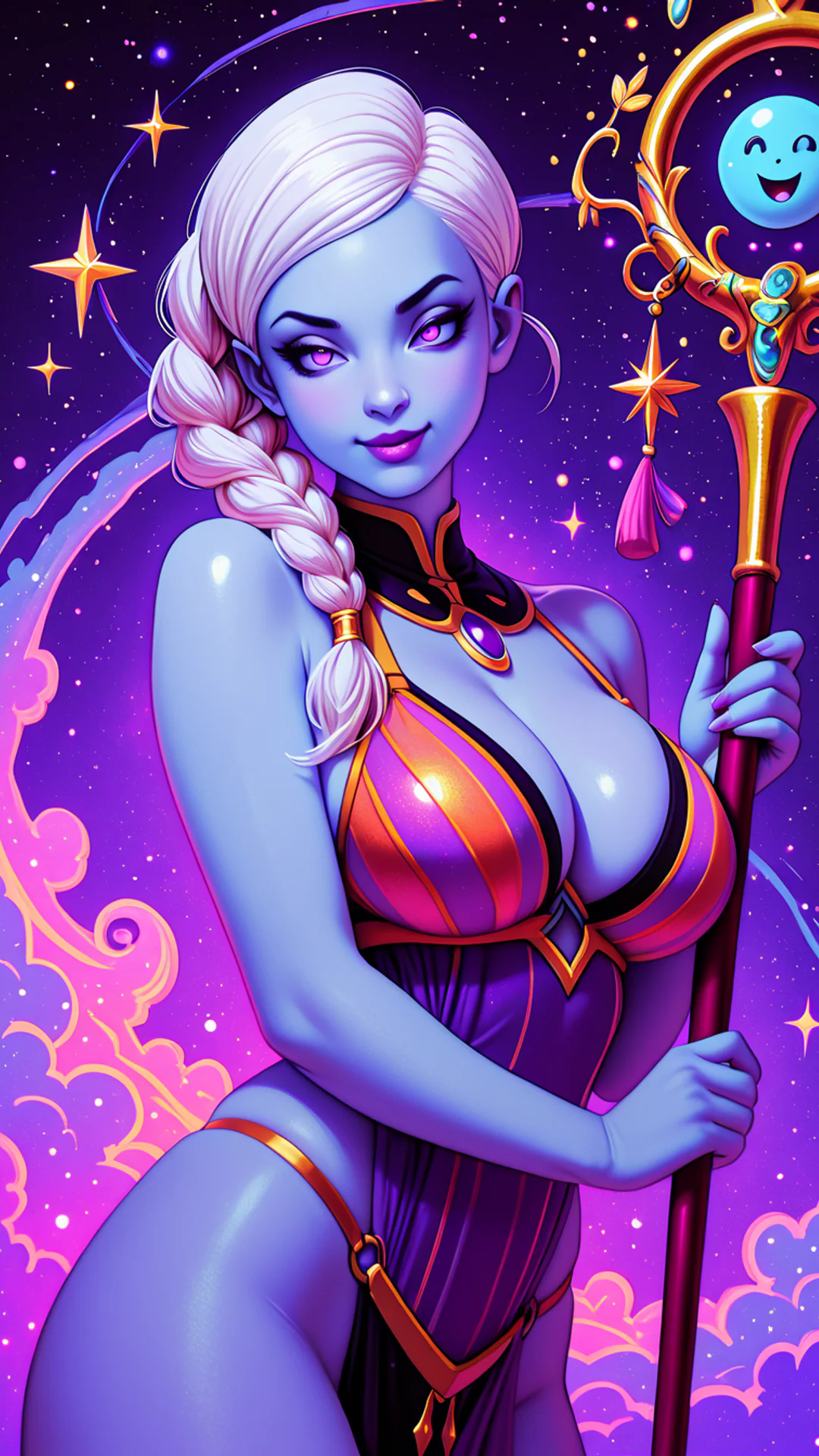 AI Art by Daddy Jim Headquarters features a character inspired by Kusu from Dragon Ball Super, reimagined in a vibrant, ethereal style. She has a blue complexion and white braided hair, wearing a colorful, elegant outfit. Her staff is adorned with a 