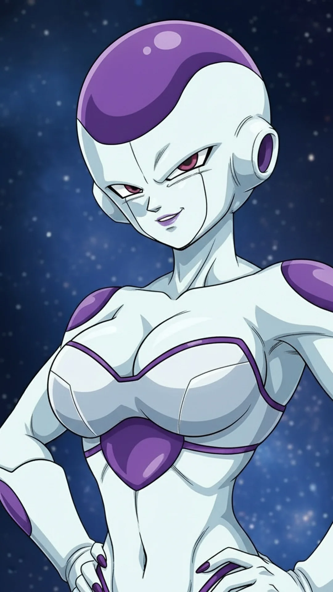 AI Art of Lady Frieza fan concept featuring a sleek biomechanical alien warrior in Dragon Ball style by Daddy Jim Headquarters