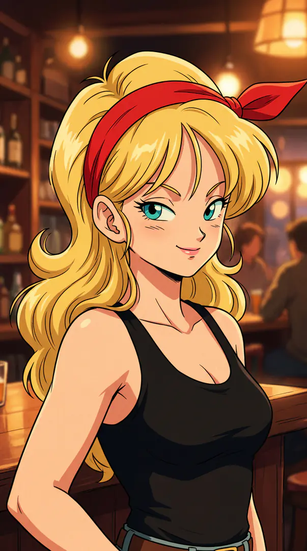 Launch from Dragon Ball stands confidently in a warmly lit bar, featuring her signature voluminous blonde hair tied with a red ribbon and wearing a black tank top.