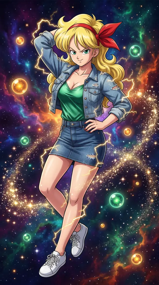 A confident blonde anime woman wearing a red hair bow and denim outfit poses against a colorful cosmic background filled with glowing orbs and yellow lightning.