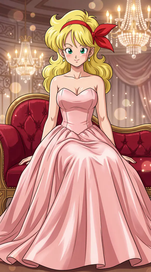 Launch from Dragon Ball sits elegantly on a red tufted sofa in a chandelier-lit room, wearing a strapless pink ballgown and a red ribbon in her blonde hair.