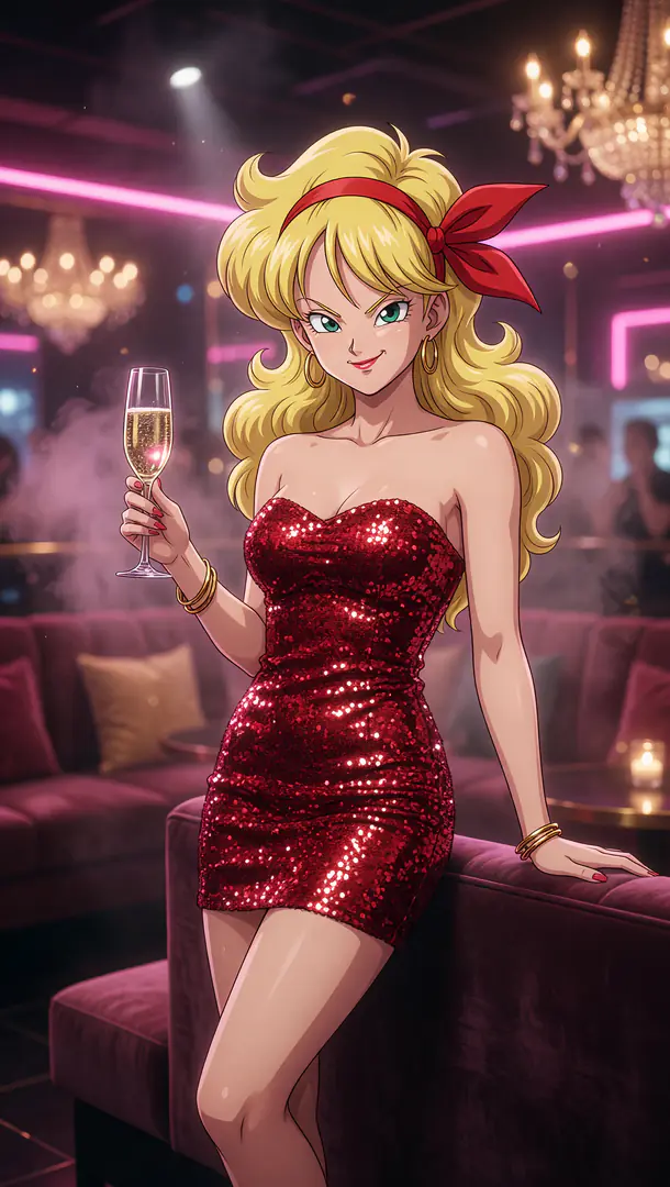Blonde Launch from Dragon Ball poses confidently in a glamorous lounge, wearing a sparkling red sequined dress and matching headband while holding a glass of champagne.