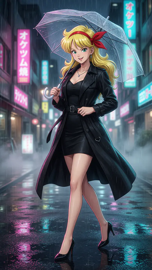 Launch from Dragon Ball walks confidently under a clear umbrella through a rainy, neon-lit city street, wearing a stylish black trench coat, a short black dress, and a red hair ribbon.