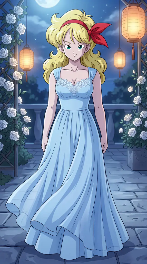 Blonde-haired Launch from Dragon Ball stands gracefully on a moonlit stone patio decorated with white roses and glowing lanterns, wearing a red hair ribbon and a flowing light blue gown.