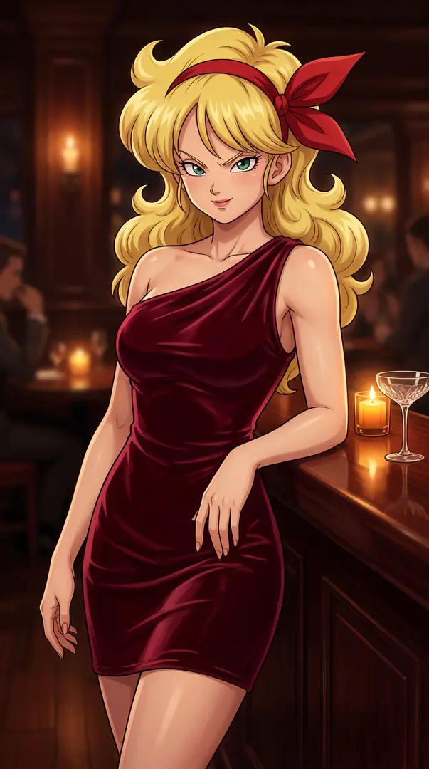 An anime-style woman with voluminous blonde hair and a red bow leans against a softly lit wooden bar wearing a tight, one-shoulder maroon dress.