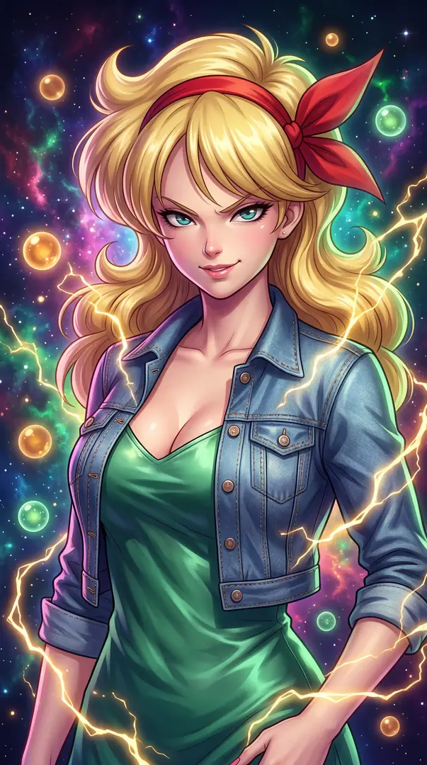 A confident anime-style woman with voluminous blonde hair, a red headband, a denim jacket, and a green dress smirks amidst crackling yellow lightning against a vibrant cosmic background.
