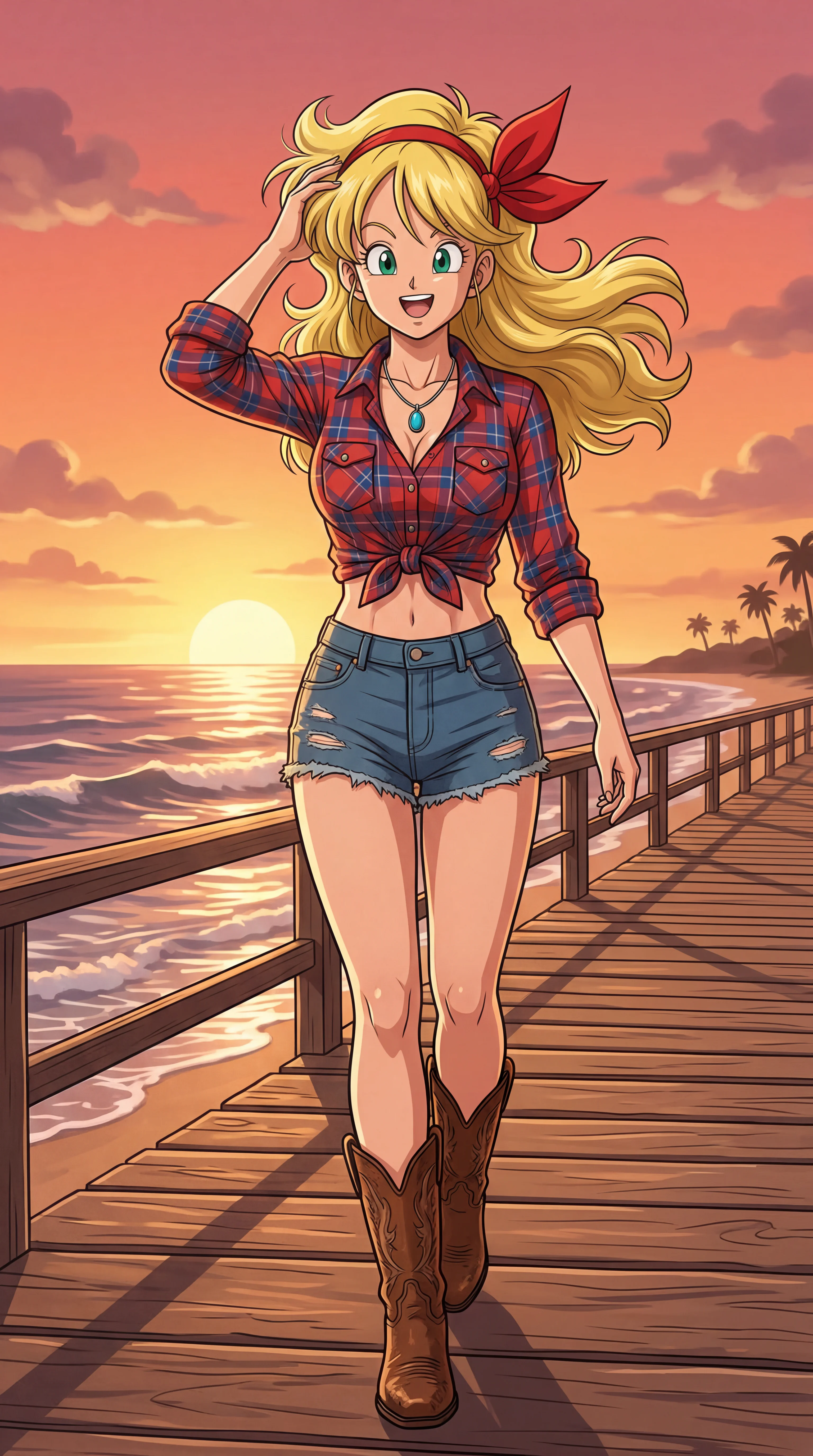 A smiling anime-style blonde woman wearing a red headband, tied plaid shirt, denim shorts, and cowboy boots walks along a wooden beach pier at sunset.