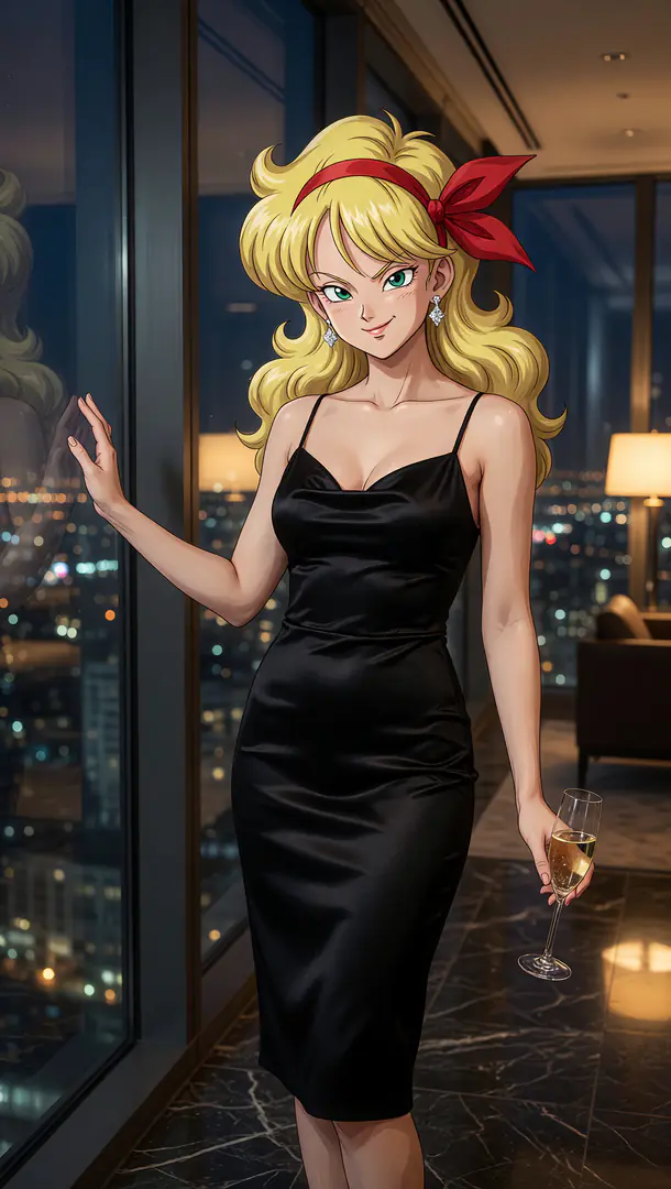 Launch from Dragon Ball stands elegantly by a high-rise window overlooking a nighttime city skyline, wearing a sleek black dress and her signature red hair bow while holding a glass of champagne.