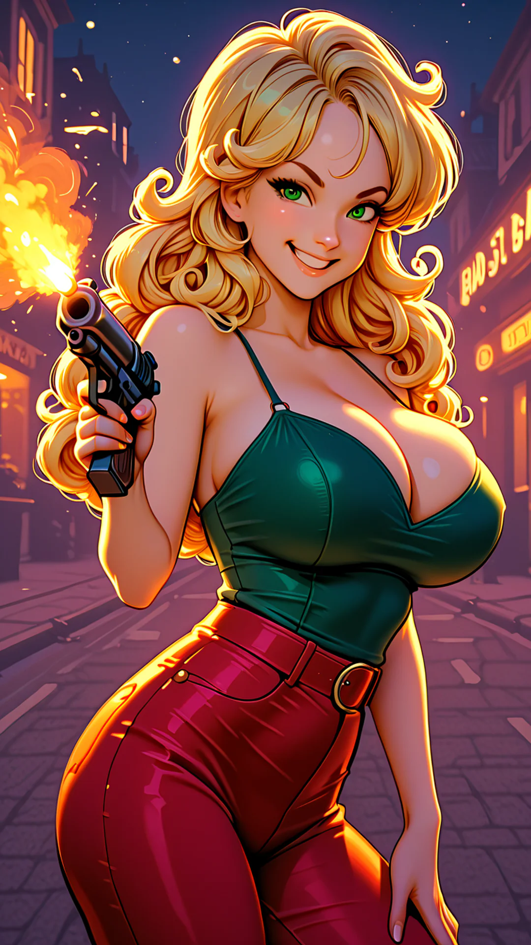 AI Art by Daddy Jim Headquarters: A vibrant depiction of a confident woman with long blonde hair, reminiscent of a character from Dragon Ball. She holds a gun with a fiery muzzle flash, exuding a sense of power and excitement. Her outfit includes a g