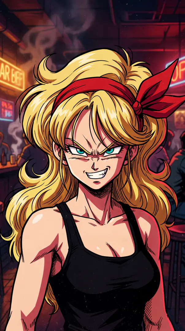 Launch from Dragon Ball, in her fierce blonde persona, sports a red headband and black tank top while glaring with an aggressive grin inside a smoky, neon-lit bar.