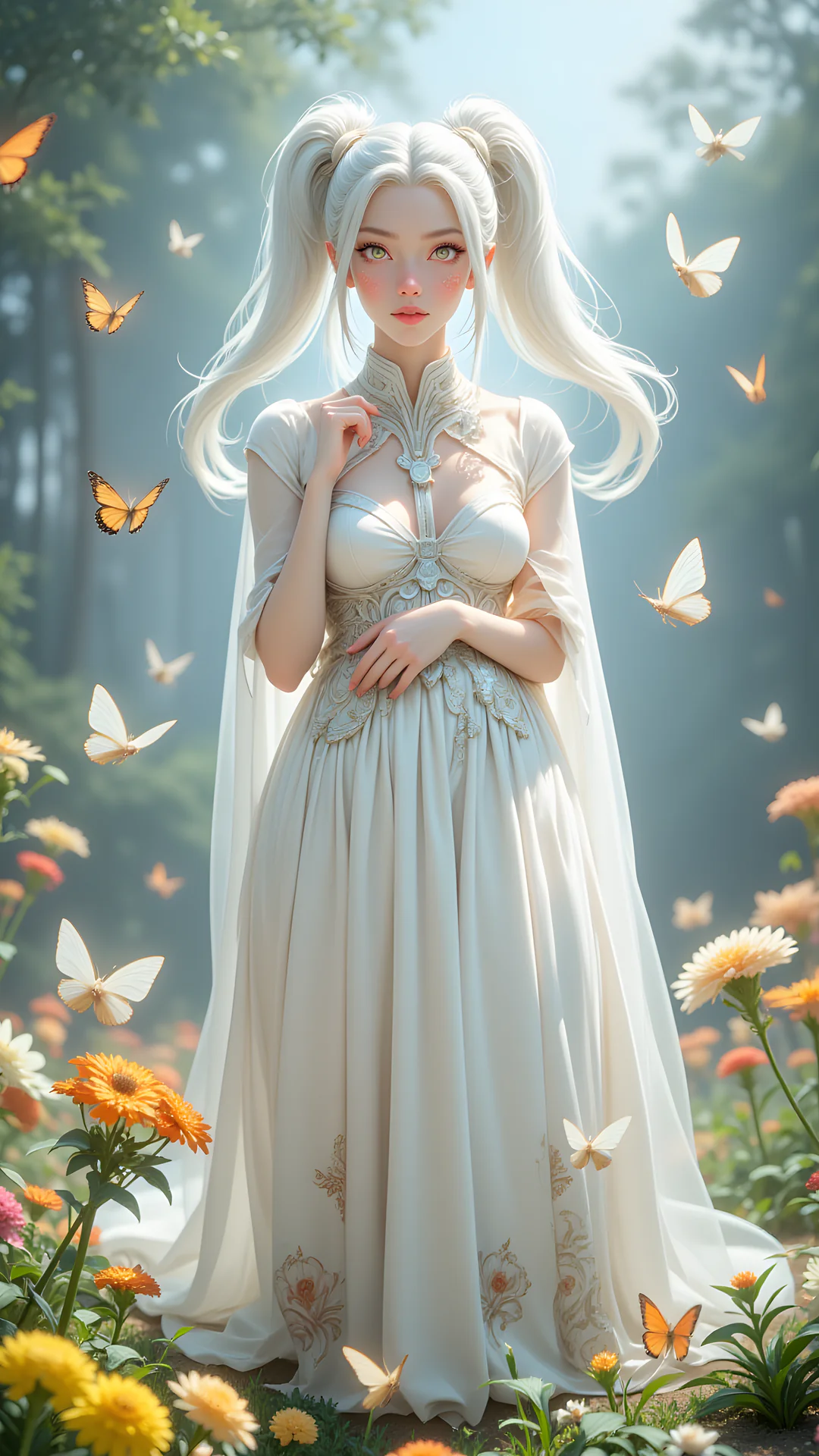 AI Art by Lorelai AI: White-haired girl in floral dress surrounded by vibrant butterflies in enchanted garden setting