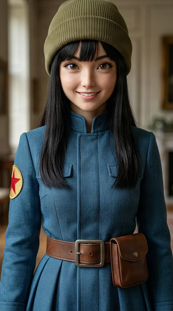 A realistic portrait of Mai from Dragon Ball smiling warmly, dressed in an olive green beanie, a blue coat with a red star patch, and a brown leather utility belt.