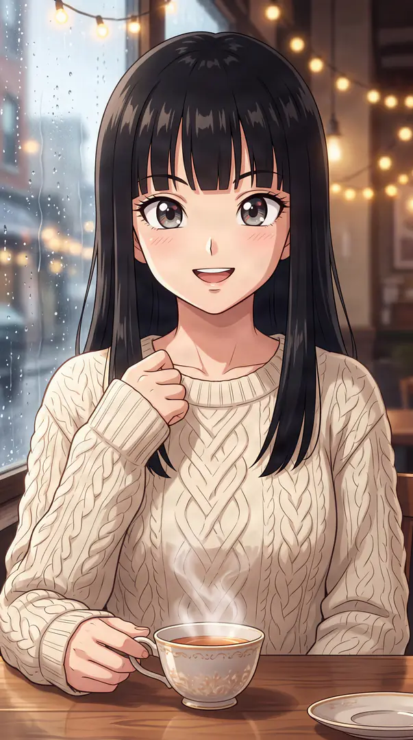 Mai from Dragon Ball smiles warmly while sitting by a rainy cafe window, wearing a cozy white cable-knit sweater next to a steaming cup of tea.