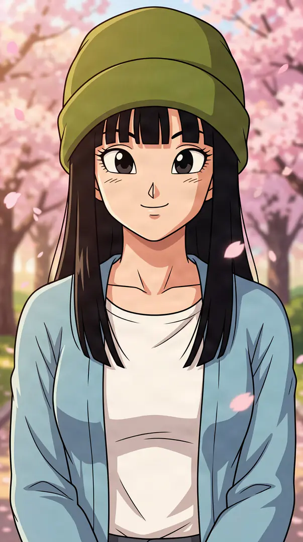 Mai from Dragon Ball smiles gently while wearing an olive green beanie and a light blue cardigan against a scenic backdrop of blooming cherry blossoms.