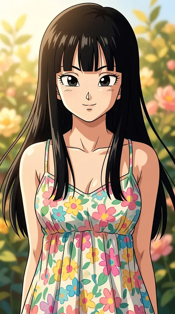 Mai from Dragon Ball, featuring long black hair and a gentle smile, stands in a sunlit garden wearing a bright floral spaghetti-strap dress.