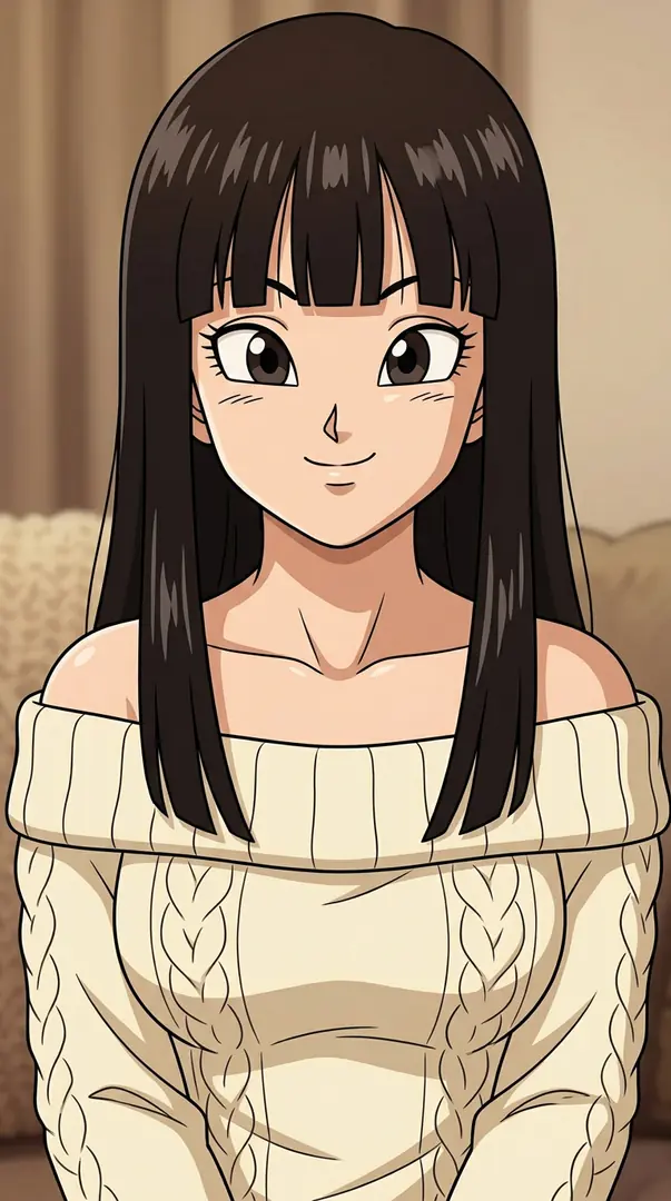 Mai from Dragon Ball smiles softly while wearing a cream-colored, off-the-shoulder cable knit sweater, her long black hair and straight bangs framing her face.