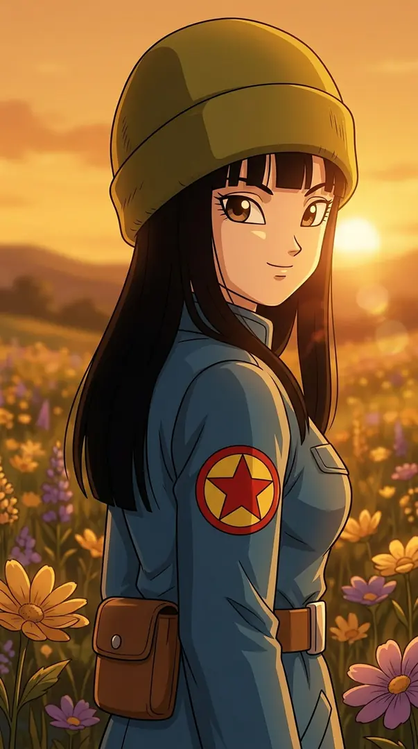 Mai from Dragon Ball looks back over her shoulder with a gentle smile while standing in a sunset-lit field of flowers, wearing a green beanie and a blue jacket with a red star patch.