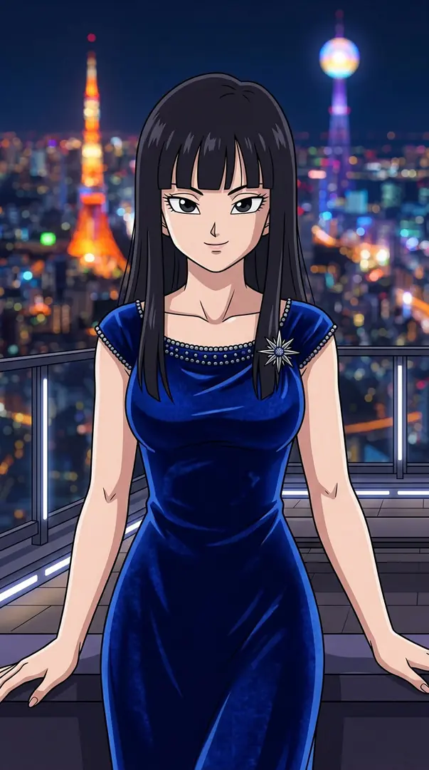Mai from Dragon Ball stands on a balcony overlooking a vibrant nighttime city skyline, wearing an elegant dark blue dress adorned with a starburst brooch.