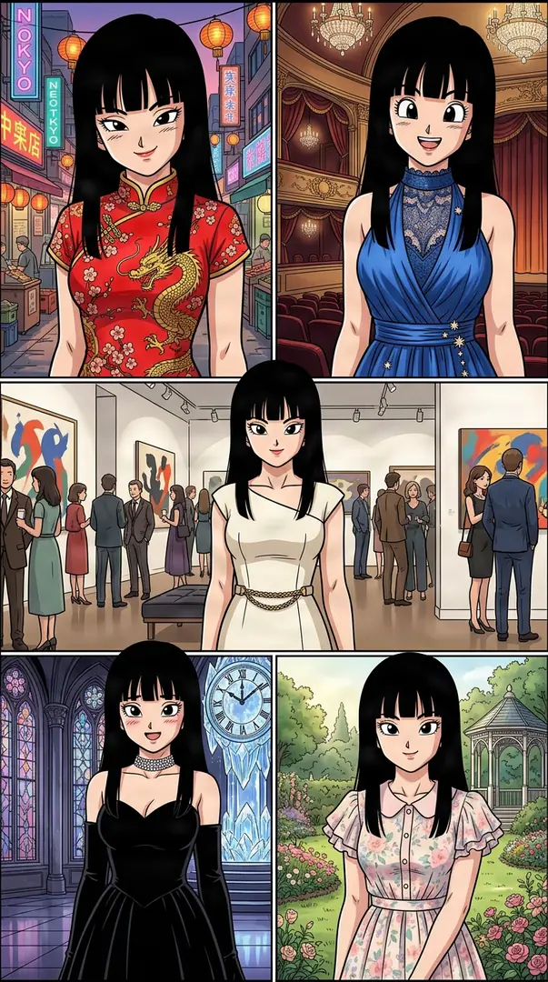 A five-panel collage shows Mai from Dragon Ball in various locations wearing different outfits, including a red cheongsam, a blue gown, a white dress, a black ballgown, and a floral dress.