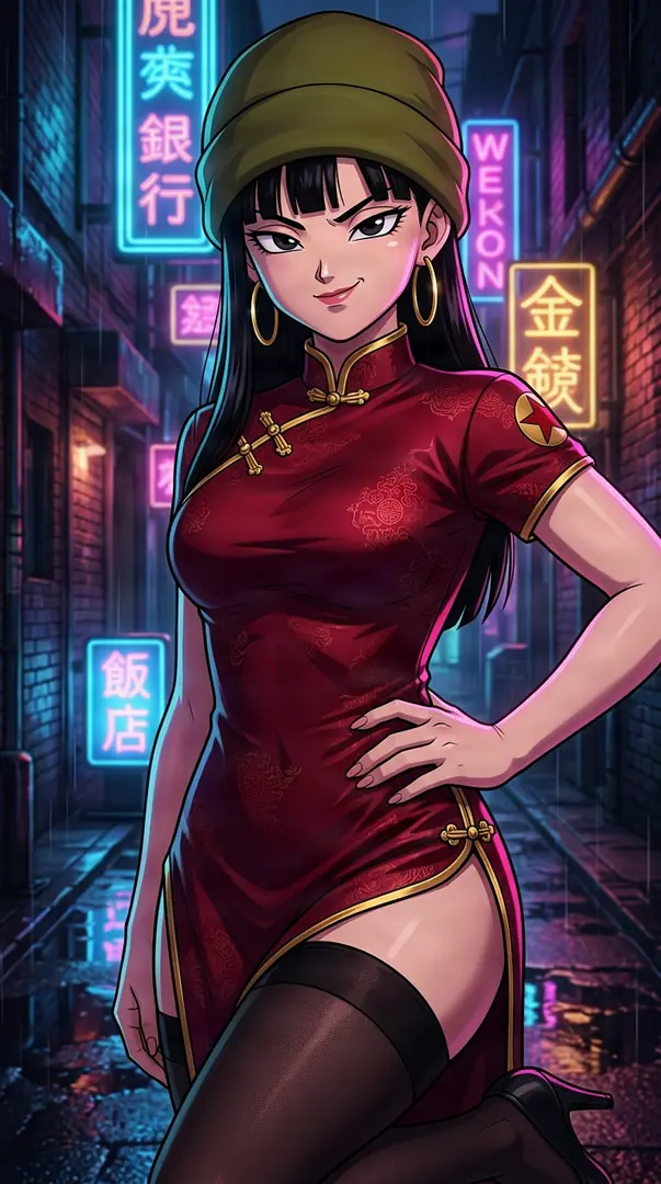 Smirking confidently, Mai from Dragon Ball poses in a rainy, neon-lit alleyway wearing an olive beanie, black thigh-high stockings, and a high-slit red qipao.