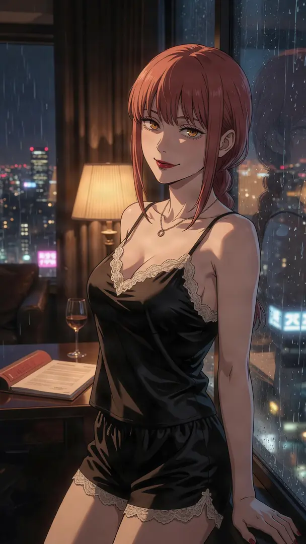 Makima from Chainsaw Man wears black lace-trimmed satin pajamas and smiles softly while resting next to a rainy window overlooking a nighttime city skyline.