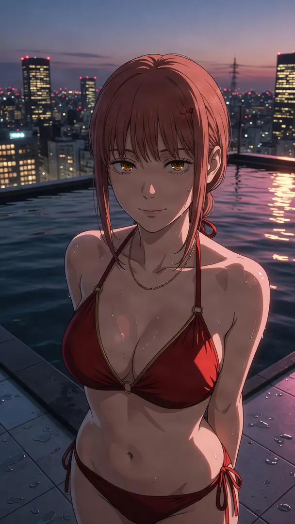 Makima from Chainsaw Man stands in a red bikini at the edge of a rooftop pool against an illuminated nighttime city skyline.