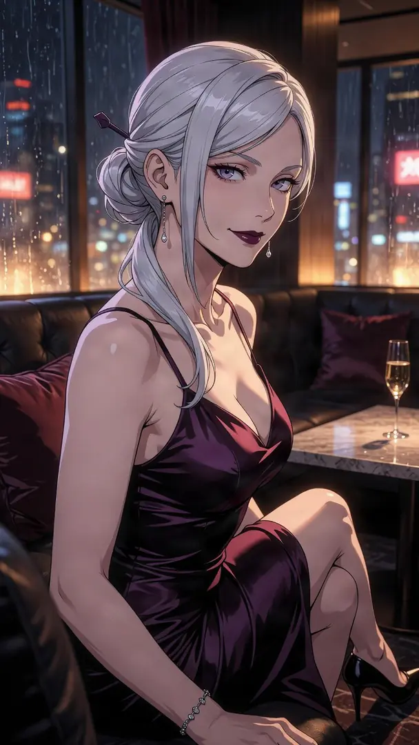 Mei Mei from Jujutsu Kaisen sits on a black leather sofa in a dimly lit lounge, wearing an elegant dark purple dress and looking over her shoulder against a backdrop of rainy city lights.