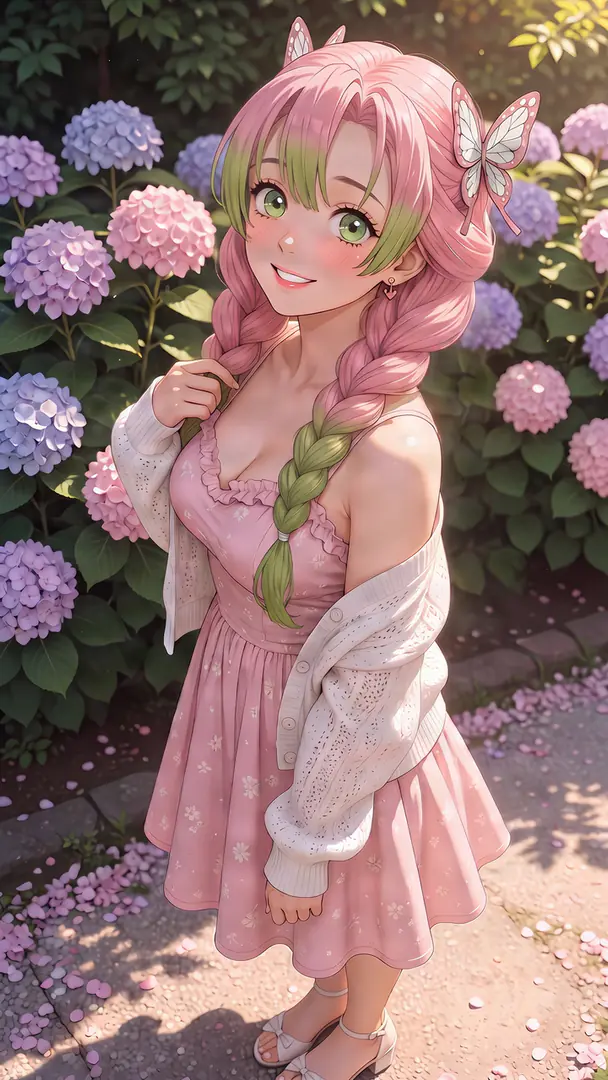 Mitsuri Kanroji from Demon Slayer smiles warmly in a blooming hydrangea garden, wearing a pink floral sundress, a slouchy white cardigan, and butterfly clips in her signature pink and green braided hair.